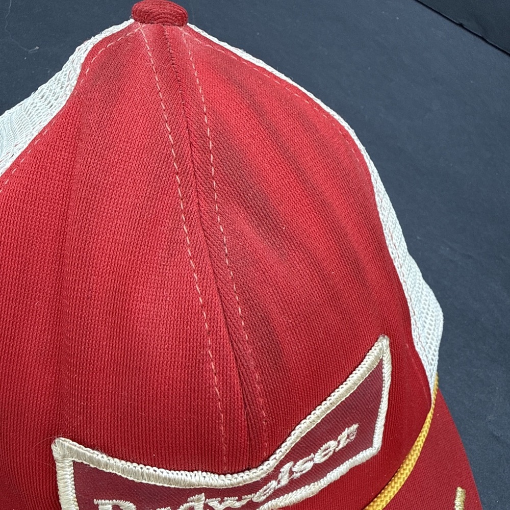 Vtg Snap Back Cap Budweiser Trucker Baseball Cap Hat Red Yellow USA Large - Picture 2 of 6